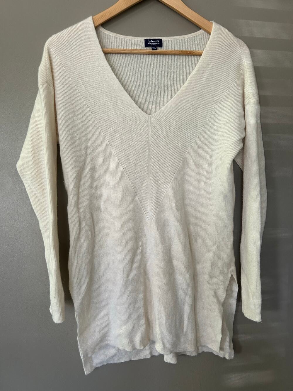 Splendid 100%Pure Cashmere V-Neck Sweater IvoryWhite Tunic Ribbed minimalist xs